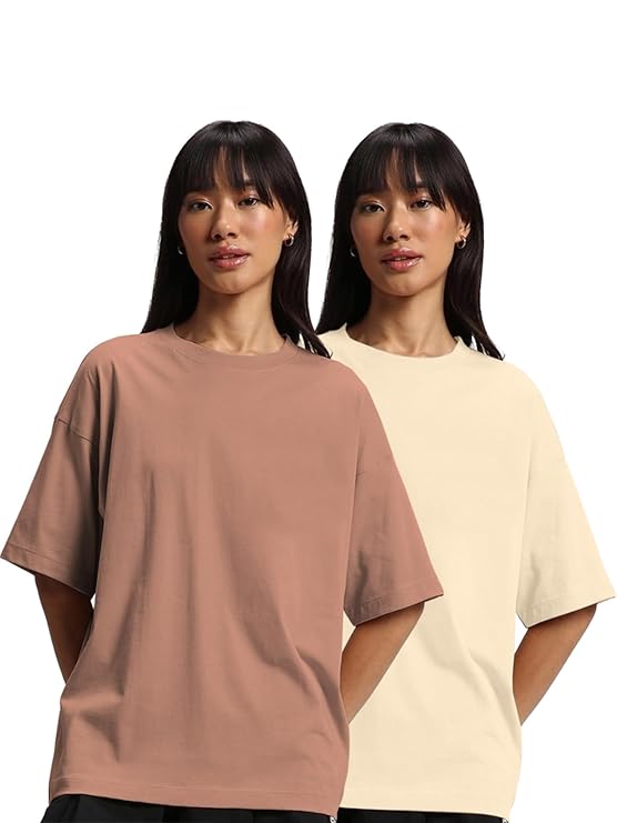 Pure Cotton Drop Shoulder Oversized Baggy Fit Half Sleeve Plain Solid Round Neck Multicolor T-Shirt for Women & Girls (Pack of 2) (Free Size)
