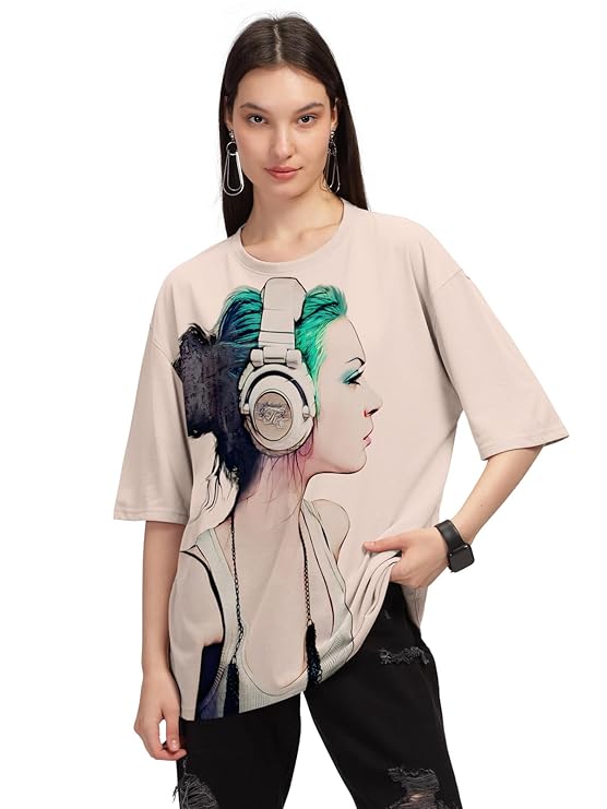 Beige Trendy Printed Oversized T-Shirt for Women-Free Size