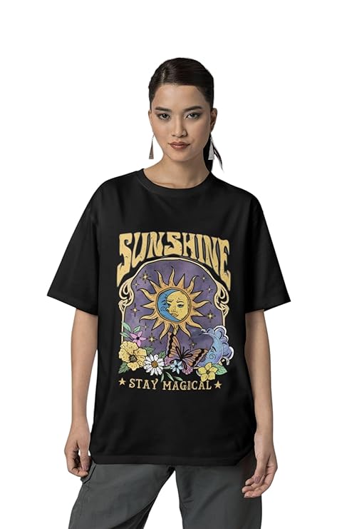 Women’s Oversized “Sunshine” Printed T-Shirt | Soft Cotton-Blend Drop Shoulder Half Sleeve Casual Top for Girls & Women (Free Size)