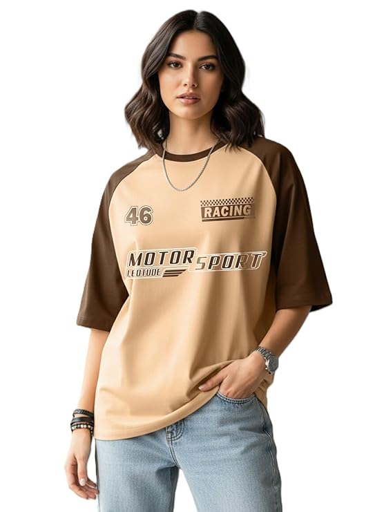 Oversized Half Sleeve Cottonblend Tshirt for Women, Round Neck Longline Printed Colour Blocked Baggie T-Shirt -Free Size